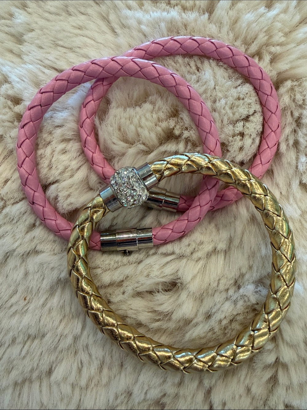 Chic Lot of 3 Pink & Gold Braided Leather Wrap Bracelet with Magnetic Clasp